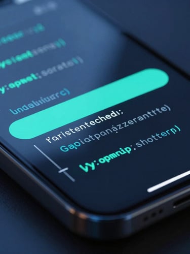 Macro close-up of a high-fidelity dark-mode mobile interface, glowing cyan active states, clean code lines reflected on the glass surface, dramatic cold blue studio lighting.