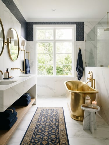 Bright architectural photography of a luxury master bathroom, soft natural window light, clean white marble, brass fixtures, 35mm
