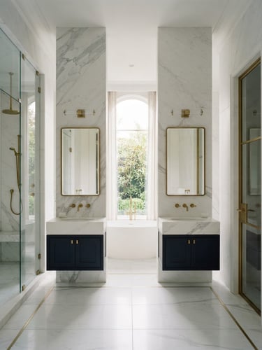 Straight-on architectural elevation of a modern luxury master bathroom, soft natural window light, clean white marble vanity with brass fixtures, a freestanding tub in the background, high-end editorial style, 35mm
