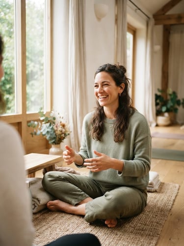A warm editorial portrait of a female communication coach in a bright, daylight-filled yoga studio, soft sage tones, unposed and authentic.