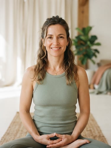 Close-up portrait of a yoga teacher with a calm, confident expression in a light-filled studio, soft natural daylight, muted sage and linen tones, shallow depth of field, 35mm