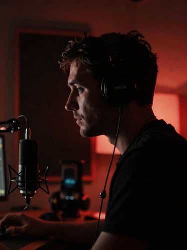 Moody cinematic close-up of a male creator in silhouette inside a professional podcast studio, warm key lights casting a subtle crimson ambient glow, 35mm film look.