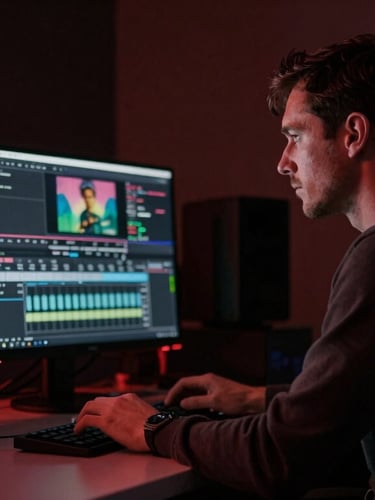 Moody cinematic over-the-shoulder shot of a male editor working on a video editing workstation in a dark room with subtle crimson ambient glow, 35mm film look.