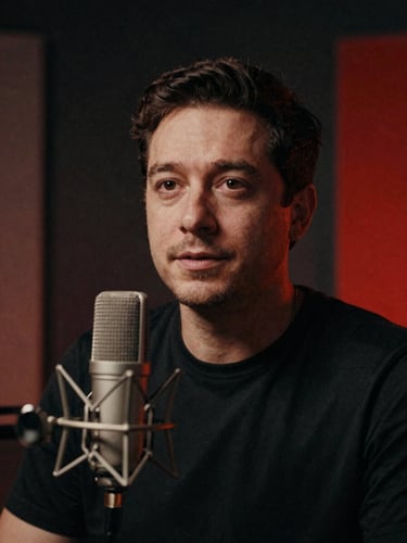 Medium close-up of a male content creator in a dark podcast studio, warm key light highlighting his face, subtle crimson ambient glow in the background, professional microphone in front of him, cinematic 35mm film look.