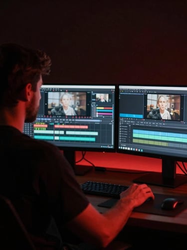 Over-the-shoulder view of a male creator editing a video on a dual-monitor setup in a dark studio, subtle red ambient glow, cinematic lighting, 35mm look
