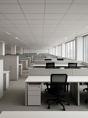 Architectural side view of a vast corporate office floorplan in Bengaluru, rows of modular workstations, clean steel storage systems, bright natural window light, 35mm