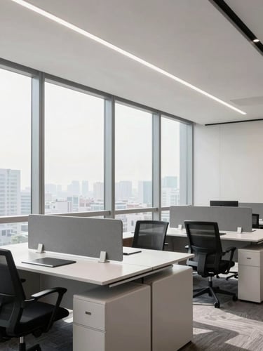Premium architectural photography of a modern corporate office layout in Mumbai, bright natural window light, sleek workstations, sharp focus, 35mm