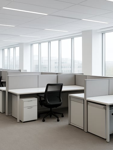 Wide-angle architectural photograph of a modern corporate office layout with modular workstations, bright natural window light, clean corporate minimalism, sharp focus, 35mm