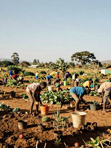 Wide documentary shot of a vibrant community garden in Lesotho, local families working together under bright natural daylight, rich organic earth tones.