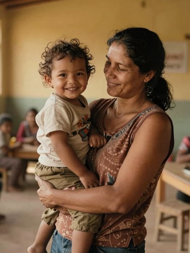 Warm editorial portrait of a mother holding her smiling child in a sunlit community center, natural golden-hour daylight, rich organic earth tones, authentic documentary style, 35mm lens.