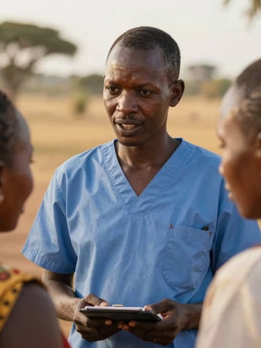 Dignified close-up of a local health educator in Lesotho speaking with a mother, warm natural golden-hour daylight, rich organic earth tones, authentic documentary style.