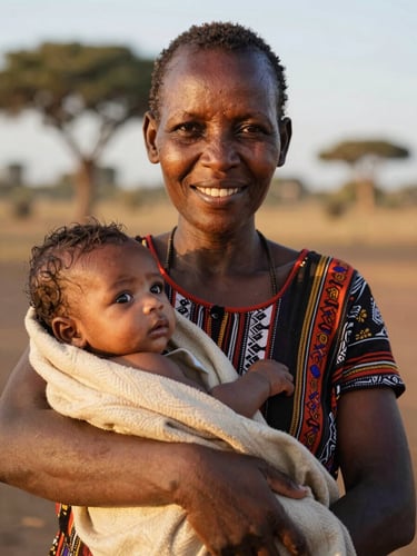 Dignified close-up portrait of a Basotho mother smiling warmly, holding her healthy infant wrapped in a traditional blanket, soft golden daylight, outdoor setting.