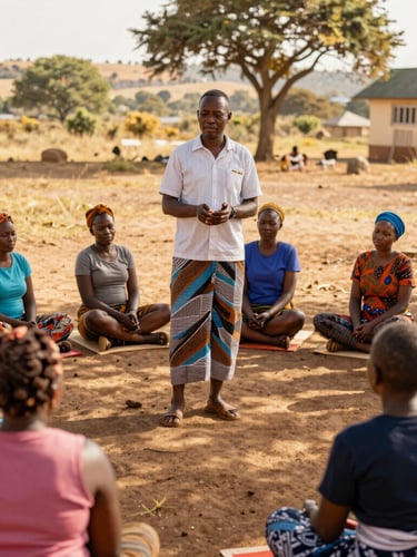Active community health workshop in Lesotho, a local educator demonstrating wellness practices to an engaged group of women under warm daylight, documentary style.