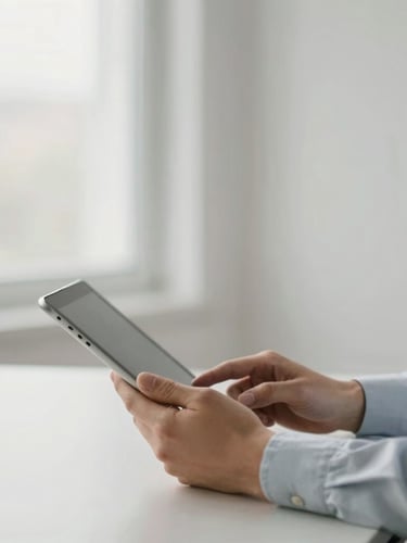 Portrait of a professional's hands holding a tablet in a calm, well-lit office, soft diffused natural daylight, serene visual anchor