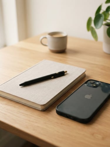 A serene, uncluttered desk space with a closed notebook and a pen resting beside a smartphone, soft diffused natural daylight, minimalist composition, medium-close shot.
