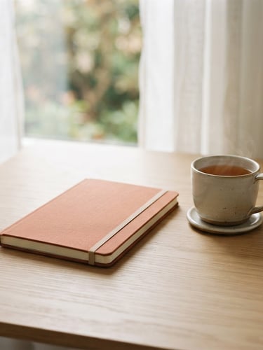clean uncluttered desk with a closed notebook and a cup of tea, soft diffused natural daylight, serene and grounding, medium-close shot, generous negative space