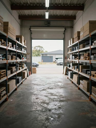 Wide environmental shot of an empty commercial space mid-clearance — shelving units pulled away from walls, stacked palettes of goods being sorted, open loading bay door letting in overcast daylight, straight-on documentary framing, no posed figures