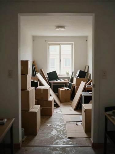 Wide environmental shot of a cluttered apartment room seen straight-on from the doorway, cardboard boxes stacked to the left, furniture piled in the centre, natural daylight from a side window casting flat even light, no people, no staging, documentary framing