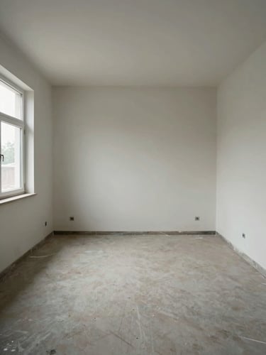 Wide shot of a cleared empty room photographed straight-on, bare walls and clean floor after a full clearance, natural daylight from a window on the left, overcast exterior light, no decorative staging, no people, documentary framing showing the honest result of the work