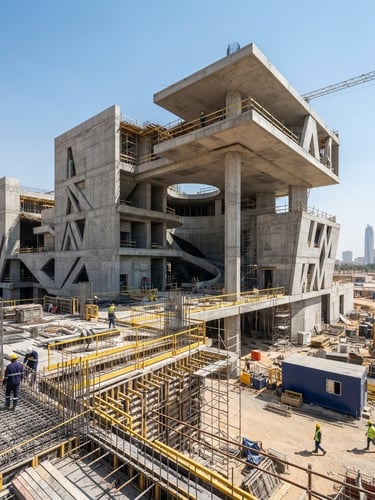 Premium architectural photography of a modern Egyptian construction site with high-quality concrete structures, bright daylight, sharp focus, 35mm