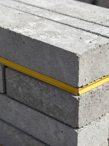 Macro shot of high-quality cement blocks and interlock tiles stacked neatly on an active construction site, bright daylight, concrete textures, sharp focus