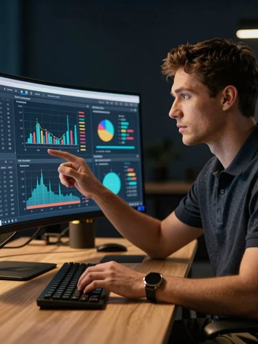 Premium editorial portrait of a digital entrepreneur analyzing data dashboards in a modern, moody workspace, warm gold highlights, sharp focus, 35mm lens