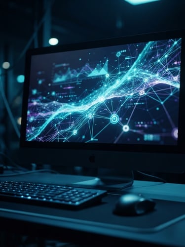 Sleek modern workspace at night, with a glowing screen displaying abstract network data, cool blue and cyan ambient studio lighting, sharp macro focus, 35mm, emphasizing secure transactions and high-tech environment.