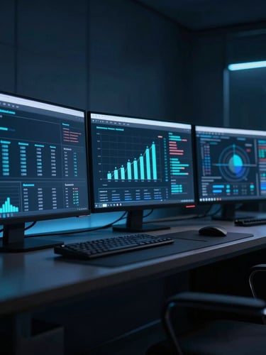 Sleek modern workspace with glowing screens showing domain valuation metrics, cool blue and cyan ambient studio lighting, dark navy tones, sharp macro focus, 35mm, wide panoramic perspective