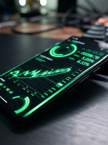 Sleek tech photography of a modern Android phone displaying a dark-mode fintech interface with vibrant neon green screen-glow, sharp macro focus, angled perspective, 35mm