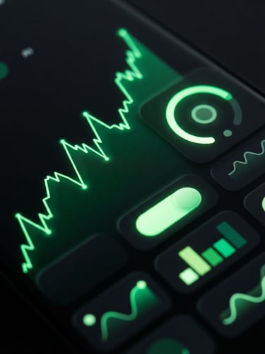 Extreme close-up macro shot of a sleek modern Android screen displaying a dark-mode fintech interface, vibrant neon green screen-glow, sharp focus on Material Design UI elements, 35mm