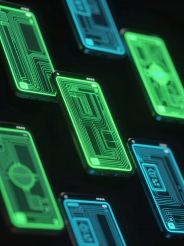 Angled perspective shot of high-fidelity Android UI screens floating in a dark studio, glowing neon green and electric blue wireframes, low-key ambient lighting, 35mm