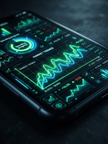 Sleek tech photography, extreme close-up of a modern Android device screen displaying a vibrant green high-fidelity fintech dashboard, low-key ambient studio lighting, electric blue screen glow, 35mm