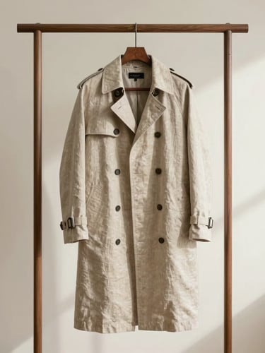 A minimalist studio shot of a structured linen trench coat hanging on a walnut rack, soft indirect daylight from the right, neutral cream background.