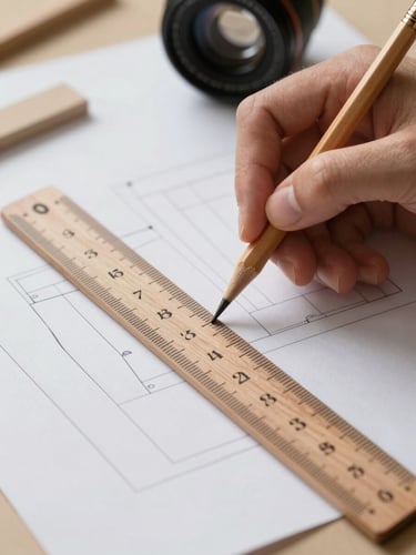 Macro shot of a designer using a wooden ruler and pencil to draft a pattern on heavy craft paper, soft side light
