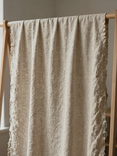 A vertical portrait of heavy linen hanging on a minimalist walnut rack, soft diffused northern daylight from a Provo studio window, tactile fabric grain visible.