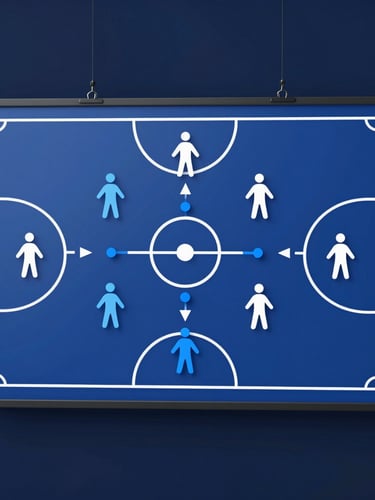 Clean vector diagram of a handball tactics board with blue and white player markers, tactical arrows, and court lines, modern flat design.