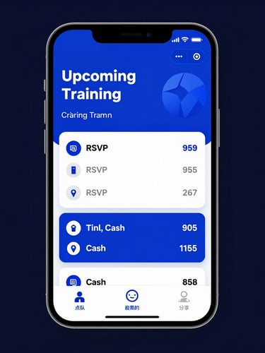 High-fidelity mobile app mockup showing a handball team dashboard with upcoming training, RSVP status, and team cash balance, deep navy background.
