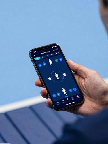 Close-up of a coach's hand holding a smartphone on a sports bench, displaying a digital handball tactics board with player positions in blue and white, high-fidelity UI, sharp focus