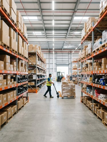 Bright warehouse interior with neatly stacked shipping boxes and organized shelves, high-key industrial lighting, sharp 35mm focus