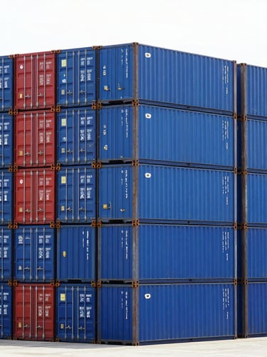 Bright daylight wide-angle shot of neatly stacked blue and red shipping containers at Ningbo Port, sharp industrial focus