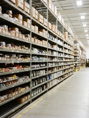 Bright industrial photography of organized warehouse shelves stacked with bulk small commodities under high-key warehouse lighting, sharp focus, 35mm