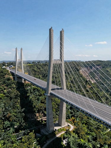 Wide aerial view of a massive cable-stayed bridge spanning a deep river gorge, shot from above and slightly right-of-center under sharp midday sun, structural cables casting geometric shadows across the concrete deck, vast sky above and dense forest below, emphasizing scale and engineering precision