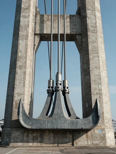 Close-up wide shot of a suspension bridge tower base, massive concrete and steel anchor block photographed head-on under sharp midday sun, structural cable bundles entering the anchorage visible, deep shadows emphasizing material mass and engineering scale
