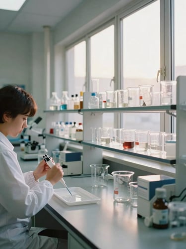 Wide shot of a pharmacy lab workbench in active use, rows of glass beakers and measuring equipment under bright natural daylight streaming from tall windows on the right side, a student's hands adjusting a pipette over a white tray, warm diffuse afternoon light, documentary framing