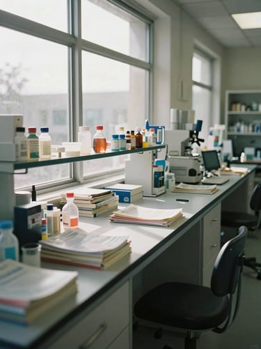 Wide shot of a pharmacy lab workbench in active use, natural daylight streaming through tall windows, textbooks and dispensing instruments arranged on the bench, soft afternoon light, documentary framing
