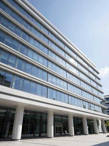 Crisp wide-angle architectural photography of a modern glass-and-steel government ministry building, bright daylight, reflections of blue sky, clean lines.