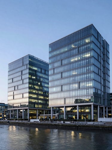 Wide-angle architectural photography of a modern glass-and-steel headquarters in London at twilight, cool blue tones, sharp geometric lines, reflection on water, copy space on the left.