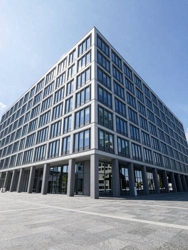 Wide-angle architectural shot of a modern corporate headquarters in Zurich, crisp daylight, cool blue steel and glass facade, deep negative space.