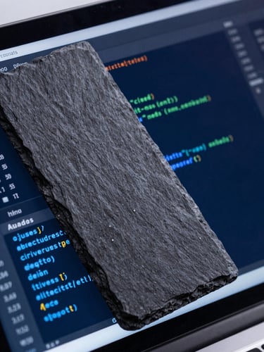 Macro close-up of a high-resolution screen displaying structured code and clean data visualizations, cool crisp studio lighting, slate and electric blue tones