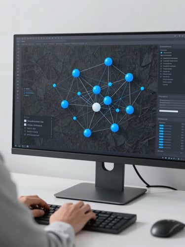 A professional researcher in a modern naturally lit workspace analyzing complex node graphs on a large monitor, minimalist technical photography